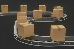 cajas Moviente en el transportador cinturón, 3d representación. foto