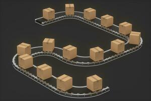 Boxes moving on the conveyor belt, 3d rendering. photo