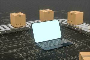 Boxes moving on the conveyor belt, laptop and conveyor belt ,3d rendering. photo