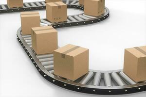 Boxes moving on the conveyor belt, 3d rendering. photo