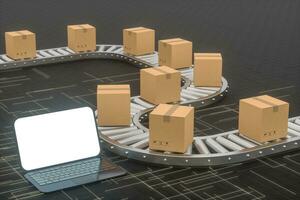 Boxes moving on the conveyor belt, laptop and conveyor belt ,3d rendering. photo