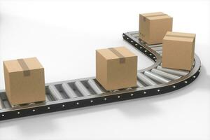 cajas Moviente en el transportador cinturón, 3d representación. foto