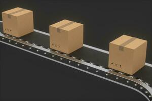 Boxes moving on the conveyor belt, 3d rendering. photo