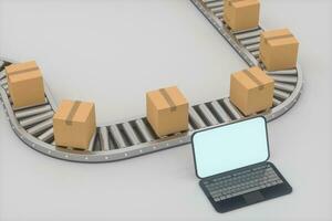 Boxes moving on the conveyor belt, laptop and conveyor belt ,3d rendering. photo