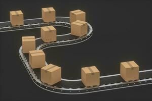 Boxes moving on the conveyor belt, 3d rendering. photo