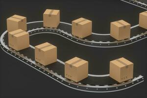 cajas Moviente en el transportador cinturón, 3d representación. foto