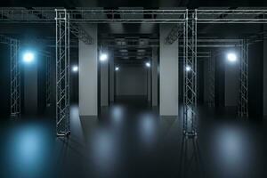 Cement and reinforcement with projector lamps in the dark room, 3d rendering. photo