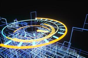 Digital drawing of dashboard with glowing lines, 3d rendering photo
