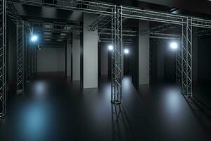 cemento y reforzamiento con proyector lamparas en el oscuro habitación, 3d representación. foto