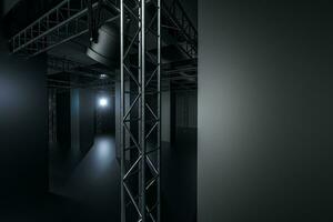 Cement and reinforcement with projector lamps in the dark room, 3d rendering. photo