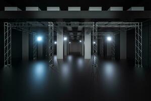 Cement and reinforcement with projector lamps in the dark room, 3d rendering. photo