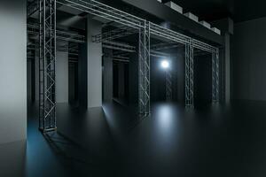 cemento y reforzamiento con proyector lamparas en el oscuro habitación, 3d representación. foto