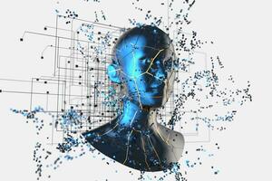 azul metal humano cabeza con partículas, 3d representación. foto