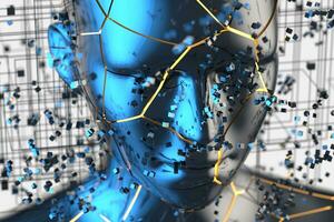 azul metal humano cabeza con partículas, 3d representación. foto