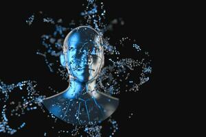 Blue metal human head with particles, 3d rendering. photo