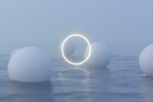 Glowing frame and white balls floating on the lake,3d rendering. photo