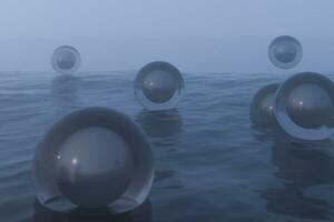 Transparent balls floating on the lake and reflecting in the water, 3d rendering. photo