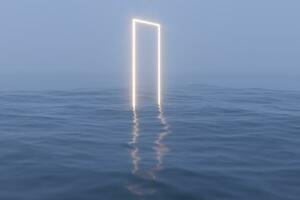 Glowing frame floating on the lake and reflecting in the water, 3d rendering. photo