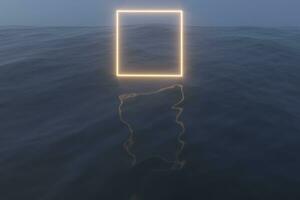 Glowing frame floating on the lake in the evening, 3d rendering. photo