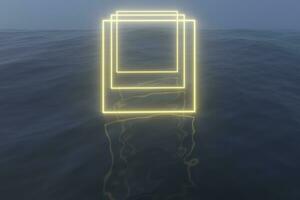 Glowing frame floating on the lake in the evening, 3d rendering. photo