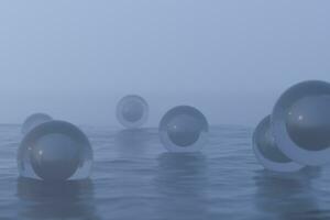 Transparent balls floating on the lake and reflecting in the water, 3d rendering. photo