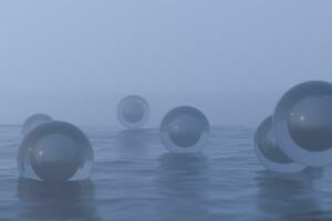 transparente pelotas flotante en el lago y reflejando en el agua, 3d representación. foto