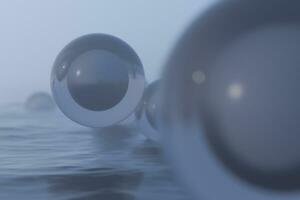 Transparent balls floating on the lake and reflecting in the water, 3d rendering. photo