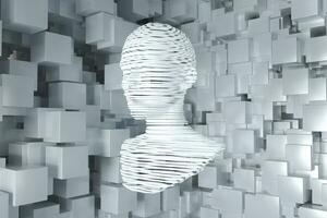 el cabeza de el virtual robot con conceptos de artificial inteligencia, 3d representación. foto