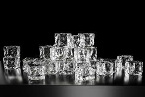 Ice cubes stacked each other with black background, 3d rendering. photo