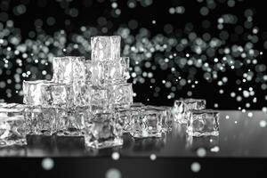 Ice cubes stacked each other with black background, 3d rendering. photo