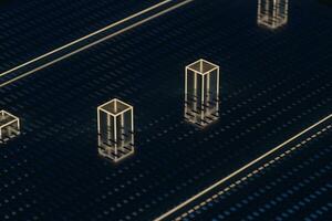 Blue and golden cube with glass material, 3d rendering. photo