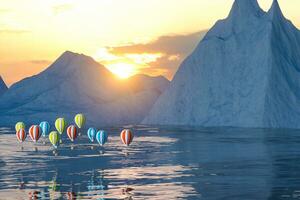 Hot air balloon flying over the ocean, 3d rendering. photo