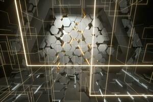 Hexagonal tunnel space with hexagon cubes, 3d rendering. photo