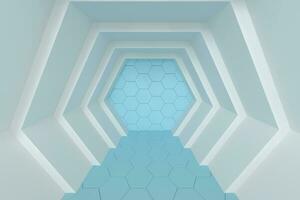 hexagonal túnel espacio con hexágono cubitos, 3d representación. foto