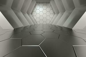 hexagonal túnel espacio con hexágono cubitos, 3d representación. foto