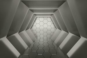 hexagonal túnel espacio con hexágono cubitos, 3d representación. foto