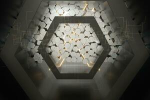 hexagonal túnel espacio con hexágono cubitos, 3d representación. foto