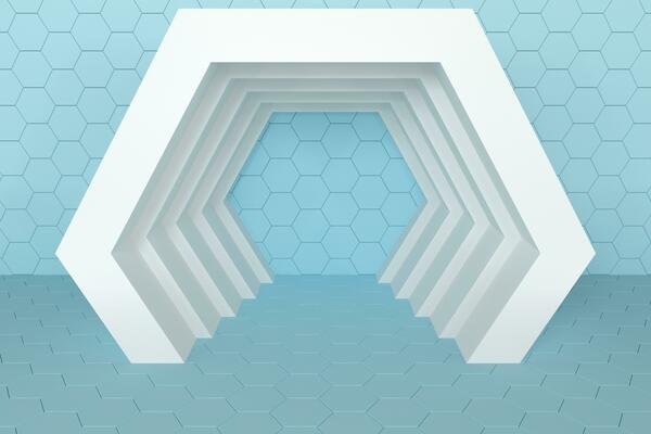 Hexagonal tunnel space with hexagon cubes, 3d rendering.