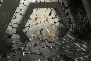 Hexagonal tunnel space with hexagon cubes, 3d rendering. photo