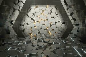 Hexagonal tunnel space with hexagon cubes, 3d rendering. photo