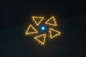 Glowing triangles and particles with dark background, 3d rendering. photo