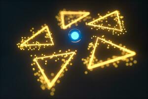 Glowing triangles and particles with dark background, 3d rendering. photo