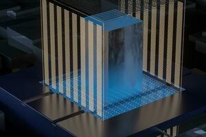 Blue and golden cube with glass material, 3d rendering. photo