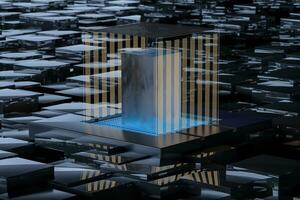 Blue and golden cube with glass material, 3d rendering. photo