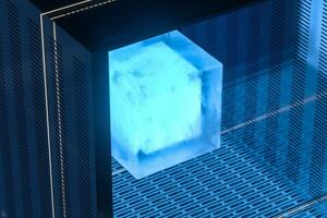 Blue and golden cube with glass material, 3d rendering. photo