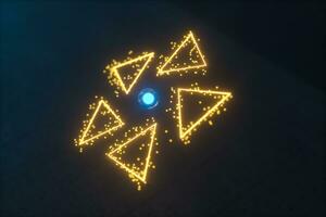 Glowing triangles and particles with dark background, 3d rendering. photo