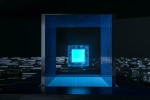 Blue and golden cube with glass material, 3d rendering. photo