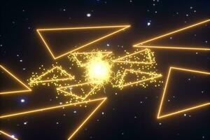 Glowing triangles and particles with dark background, 3d rendering. photo