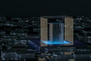 Blue and golden cube with glass material, 3d rendering. photo
