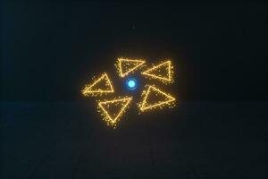 Glowing triangles and particles with dark background, 3d rendering. photo